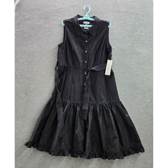 Calvin Klein Women Dress 14 Black Knee Length Fit & Flare Button Up Collar NWT - Picture 1 of 11